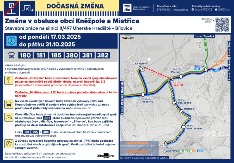 Dočasné změny v autobusové dopravě do Kněžpole a Mistřic 